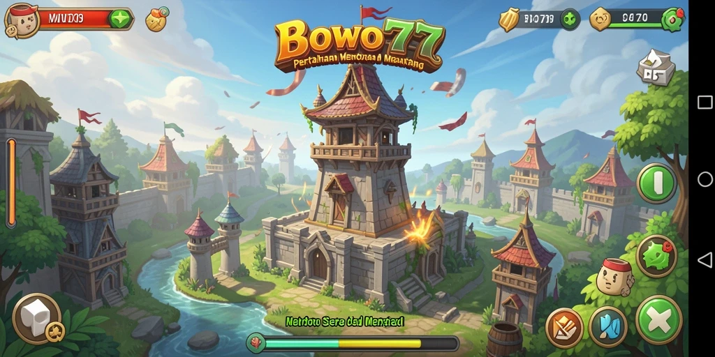 Screenshot gameplay BOWO77 menampilkan pertarungan Tower Defense yang intens.