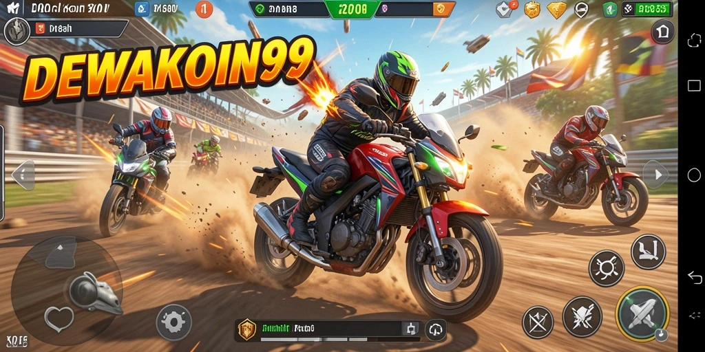 Screenshot gameplay DEWAKOIN99 yang menampilkan adu balap motor yang seru.