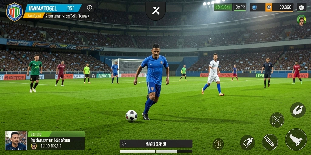 Tampilan utama gameplay IRAMATOGEL dengan aksi sepak bola yang mendebarkan.