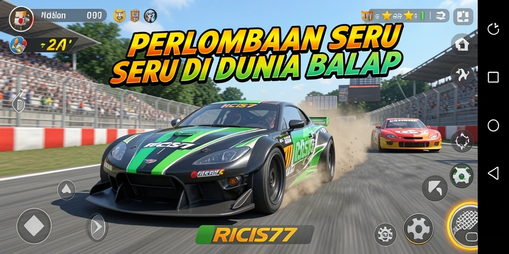 Screenshot RICIS77 menampilkan aksi balapan seru di trek yang menantang.