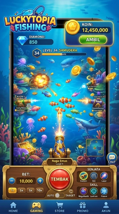 Tampilan utama aplikasi luckytopia yang bersih dan modern.